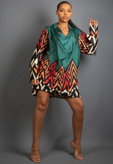 Zig Zag Print Cowl Neck Shift Dress