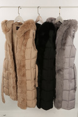 Belted Hooded Gilet With Faux Fur 