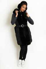 Belted Hooded Gilet With Faux Fur 