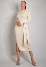 Ribbed Round Neck Belted Midi Dress