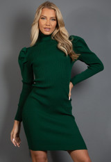 Ribbed Roll Neck Midi Dress With Puff Shoulder