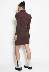 Ribbed Roll Neck Midi Dress With Puff Shoulder