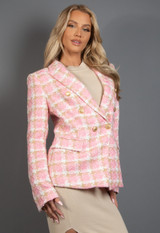 Woven Houndstooth Check Double Breasted Blazer