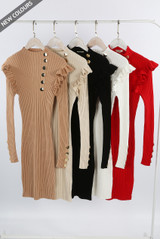 Button Trim Frill Sleeve Ribbed Midi Dress