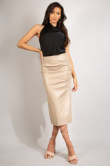 Ruched Side Slit PU Midi Skirt