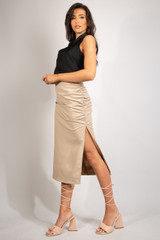 Ruched Side Slit PU Midi Skirt