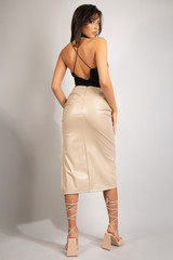 Ruched Side Slit PU Midi Skirt