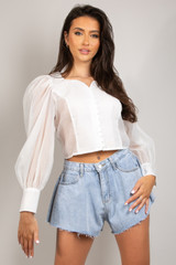 Collarless Blouse With Sheer Sleeve