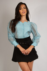 Collarless Blouse With Sheer Sleeve