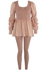 Ruched Sleeve Fine Knit Peplum Top & Trouser Set