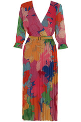 Chiffon Floral Print Pleated Wrap Dress 