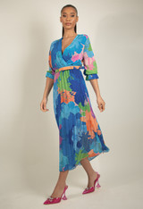 Chiffon Floral Print Pleated Wrap Dress 
