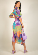 Chiffon Floral Print Pleated Wrap Dress 