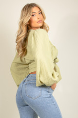 Tie Front Crop Top With Balloon Sleeve