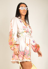 Satin Floral Print V Neck Day Dress