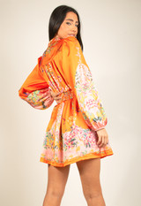 Satin Floral Print V Neck Day Dress