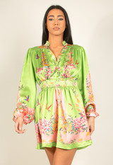 Satin Floral Print V Neck Day Dress