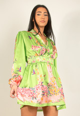 Satin Floral Print V Neck Day Dress