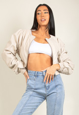 Cropped Ruched Sleeve PU Jacket