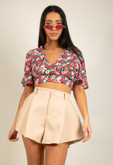 Floral Print Tie Back Cropped Top 