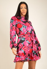 High Neck Belted Floral Dress