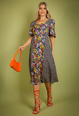 Mixed Floral Print Midi Dress