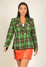 Green & Brown Check Print Double Breasted Blazer