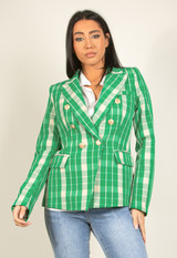 Green & Beige Check Print Double Breasted Blazer