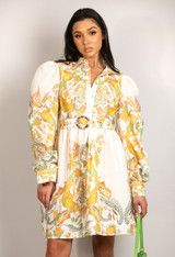 Oriental Print Belted Shirt Dress