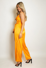 Satin Cowl Neck Belted Jumpsuit