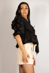 Plunge Peplum Blouse With Puff Sleeve