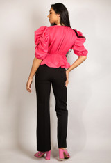 Plunge Peplum Blouse With Puff Sleeve