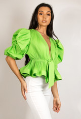 Plunge Peplum Blouse With Puff Sleeve