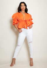 Plunge Peplum Blouse With Puff Sleeve
