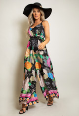 Wide Leg Satin Floral Print Jumpsuit