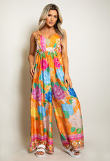 Wide Leg Satin Floral Print Jumpsuit