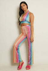 Lurex Stripe Halter Top & Flare Trouser Set