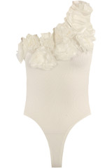 Ribbed Flower Trim One Shoulder Bodysuit