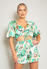 Puff Sleeve Tie Front Top And Shorts Set