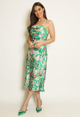 Floral Satin Cowl Neck Midi Dress