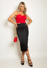 Satin Wrap Midi Skirt With Chain