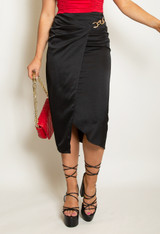 Satin Wrap Midi Skirt With Chain