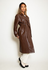 Buckle Cuff Faux Leather Trench Coat 