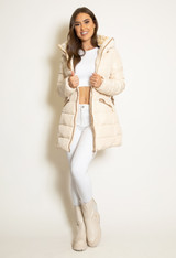 Beige Belted Long Puffer Jacket With Hidden Hood