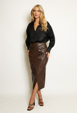 Faux Leather Ruched Side Midi Skirt