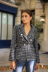 Metallic Box Check Double Breasted Blazer