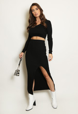 Round Neck Ribbed Tops & Side Slit Midi Skirt Set