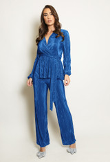 Belted Plisse V Neck Blouse And Trouser Set