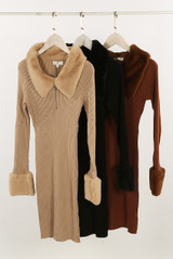 Faux Fur Trim Ribbed Midi Dress