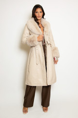 Faux Fur Trim Belted Trench Coat 